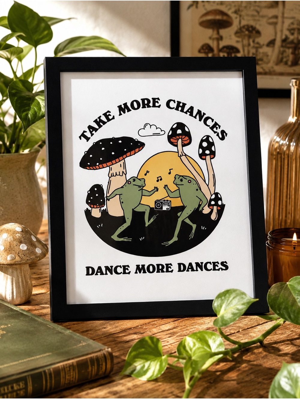 Take More Chances Dance More Dances Frog Mushroom Framed Wall Art Fairy Decor